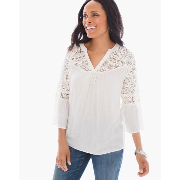 Chico's Size 3 V-Neck Lightweight Floral Lace-Sleeve Tunic‎ Top Women XL White - Picture 1 of 7